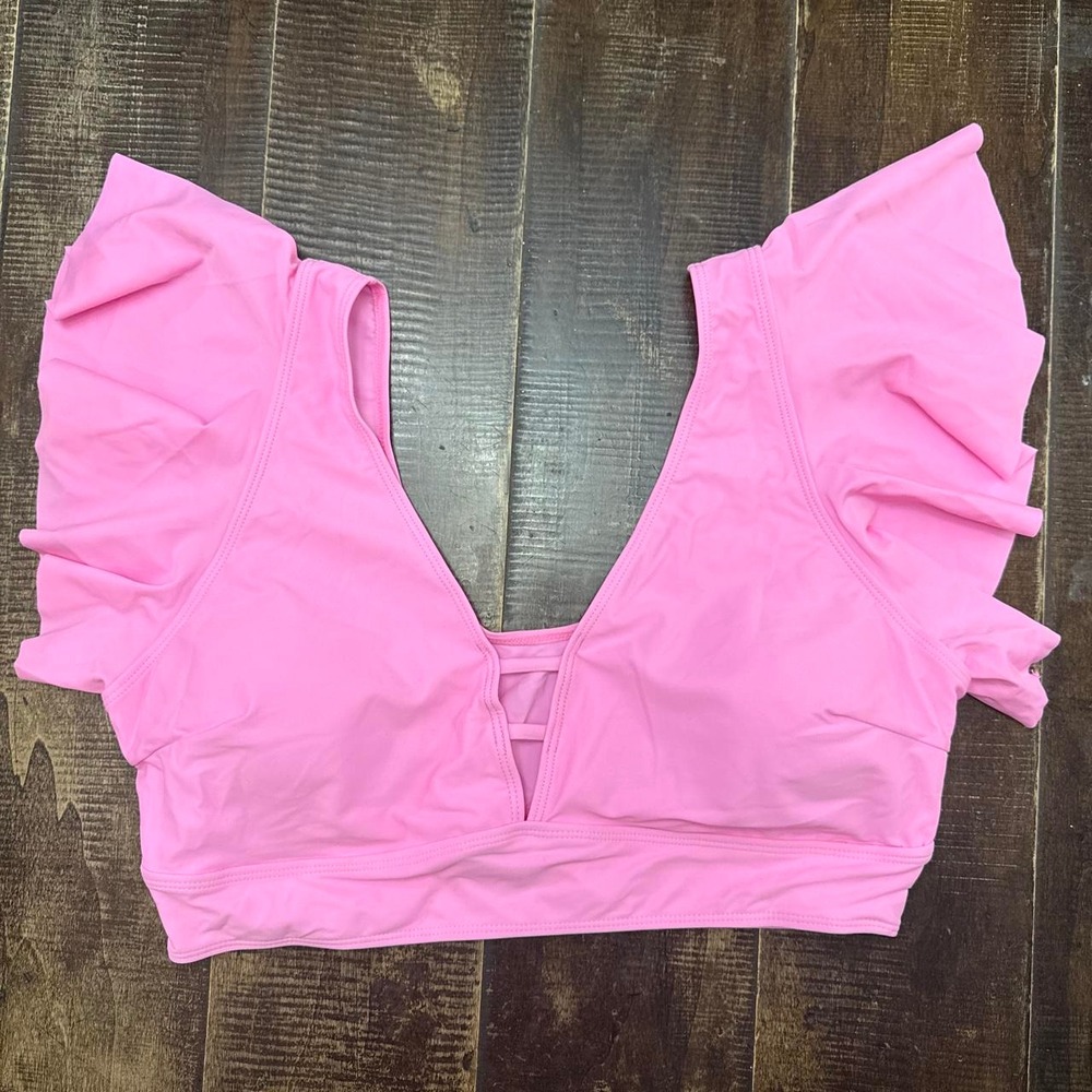 Women's Pink Ruffle Sleeve Bikini Top with Built In Removable Pads